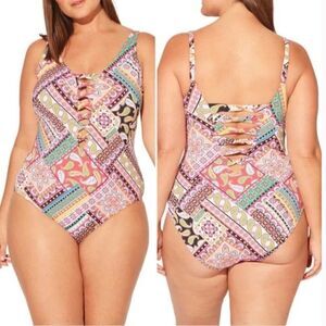 BLEU BY ROD BEATTIE Just Cool Lace-Up One-Piece Swimsuit Plus Size 20w
